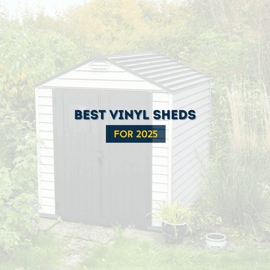 Best vinyl storage shed for 2025 surrounded by greenery, showcasing Duramax style and functionality.
