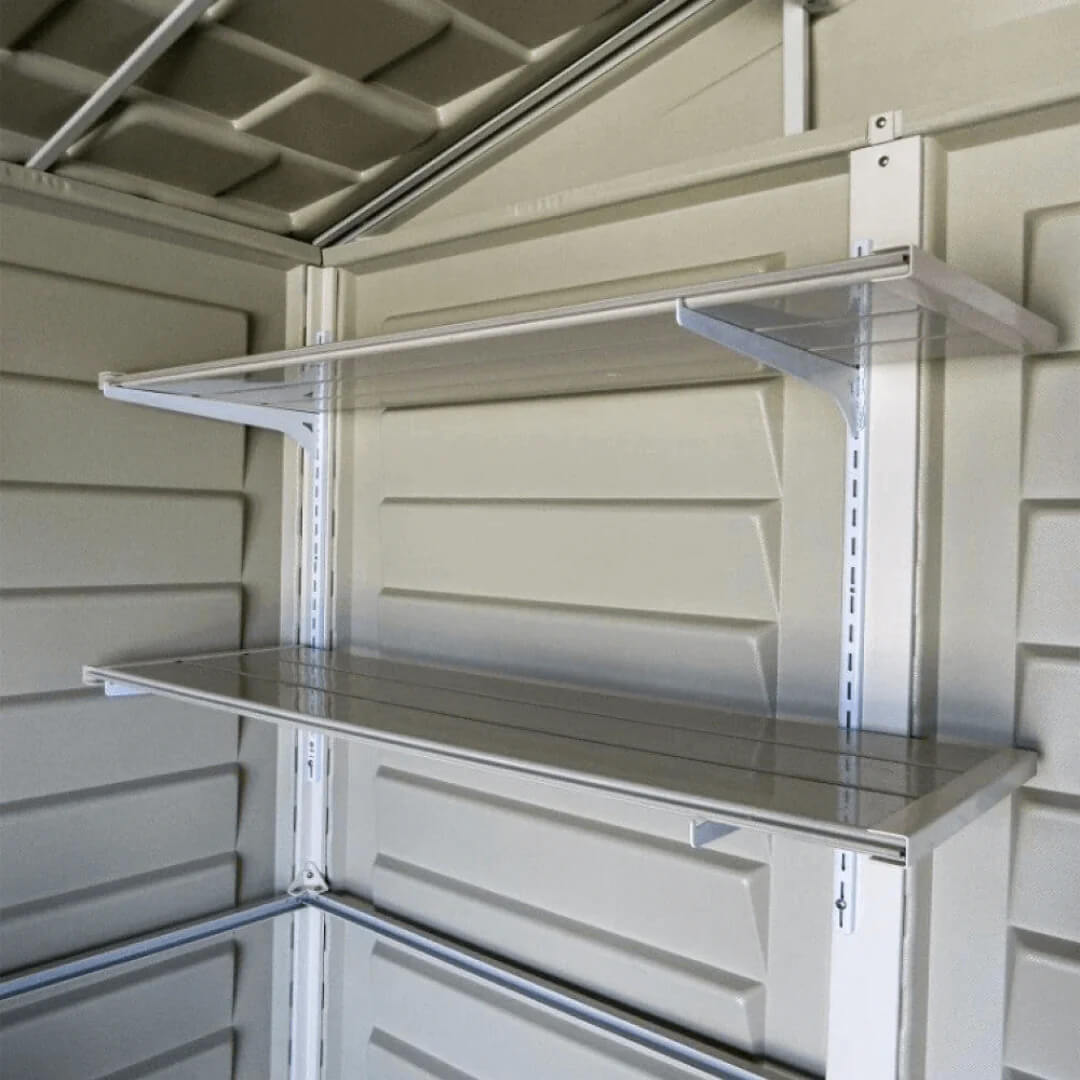 Duramax shed accessories featuring sturdy shelves for efficient organization and storage solutions.