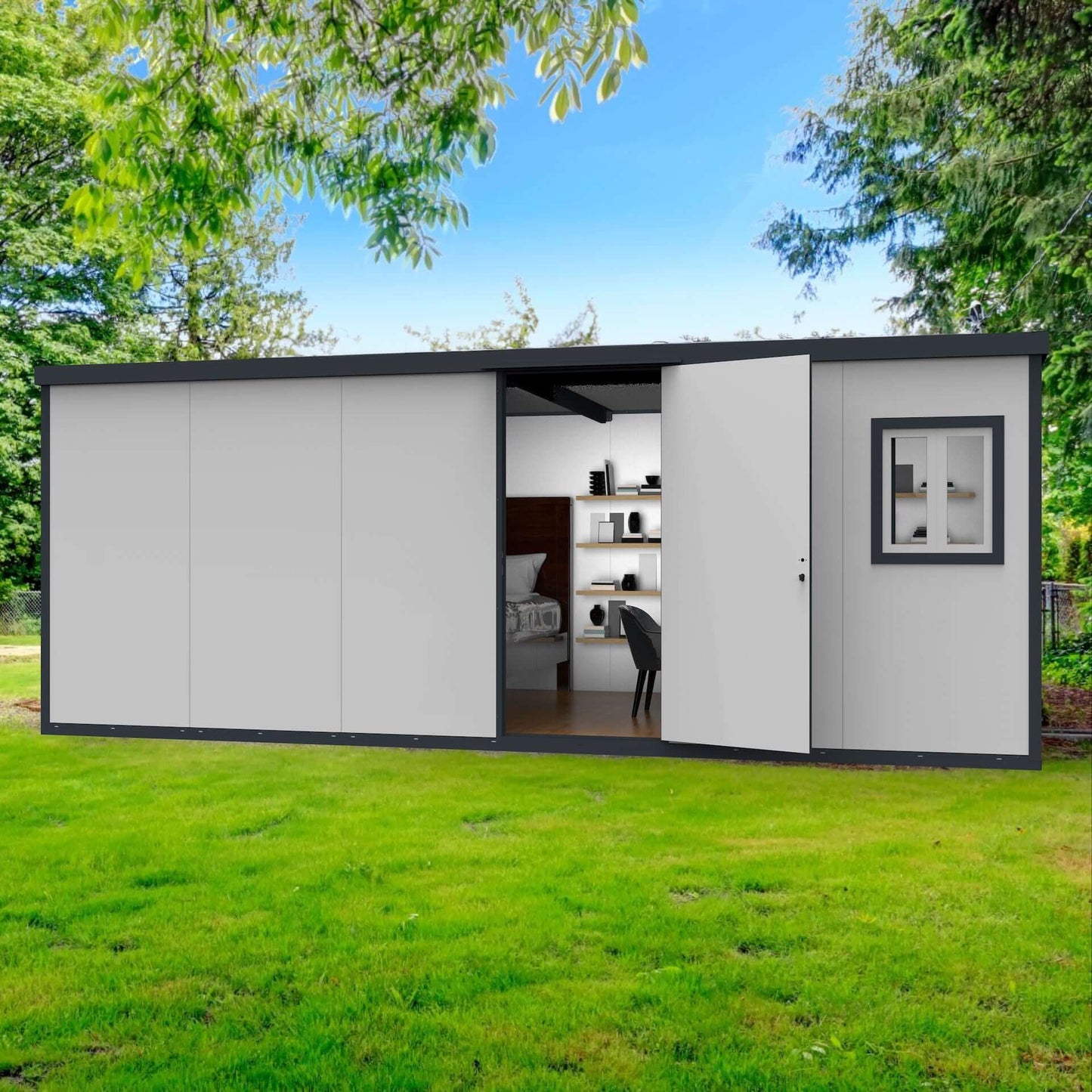 Duramax 19x10 Flat Roof Insulated Building 30862 with open door, showcasing interior. Ideal insulated shed for versatile use.