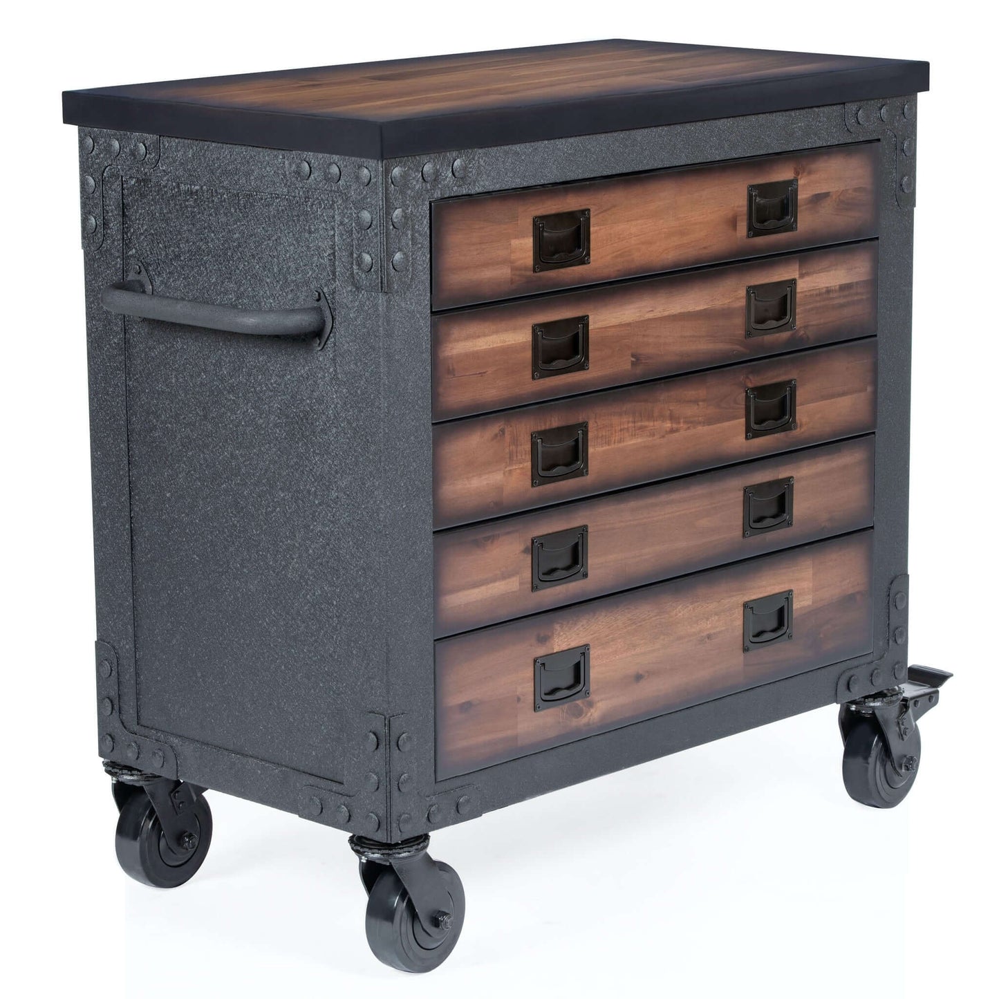 Duramax 36 in 5 Drawer Rolling Tool Chest with Wood Top, industrial storage cart with durable metal frame and caster wheels.
