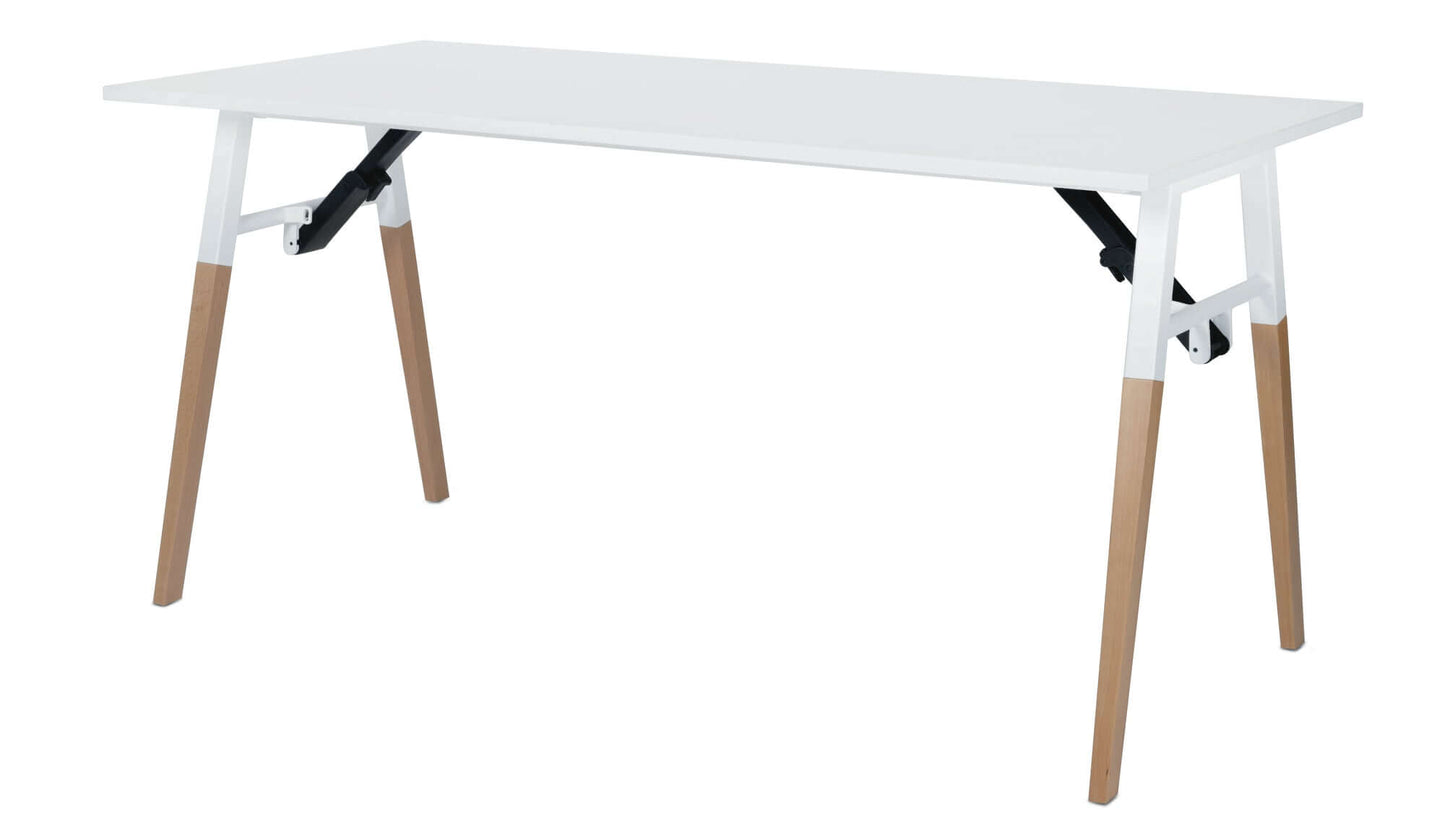 Duramax Neo Folding Table with white MDF top and solid beechwood tapered legs, ideal for home office, arts, crafts, and hobbies.