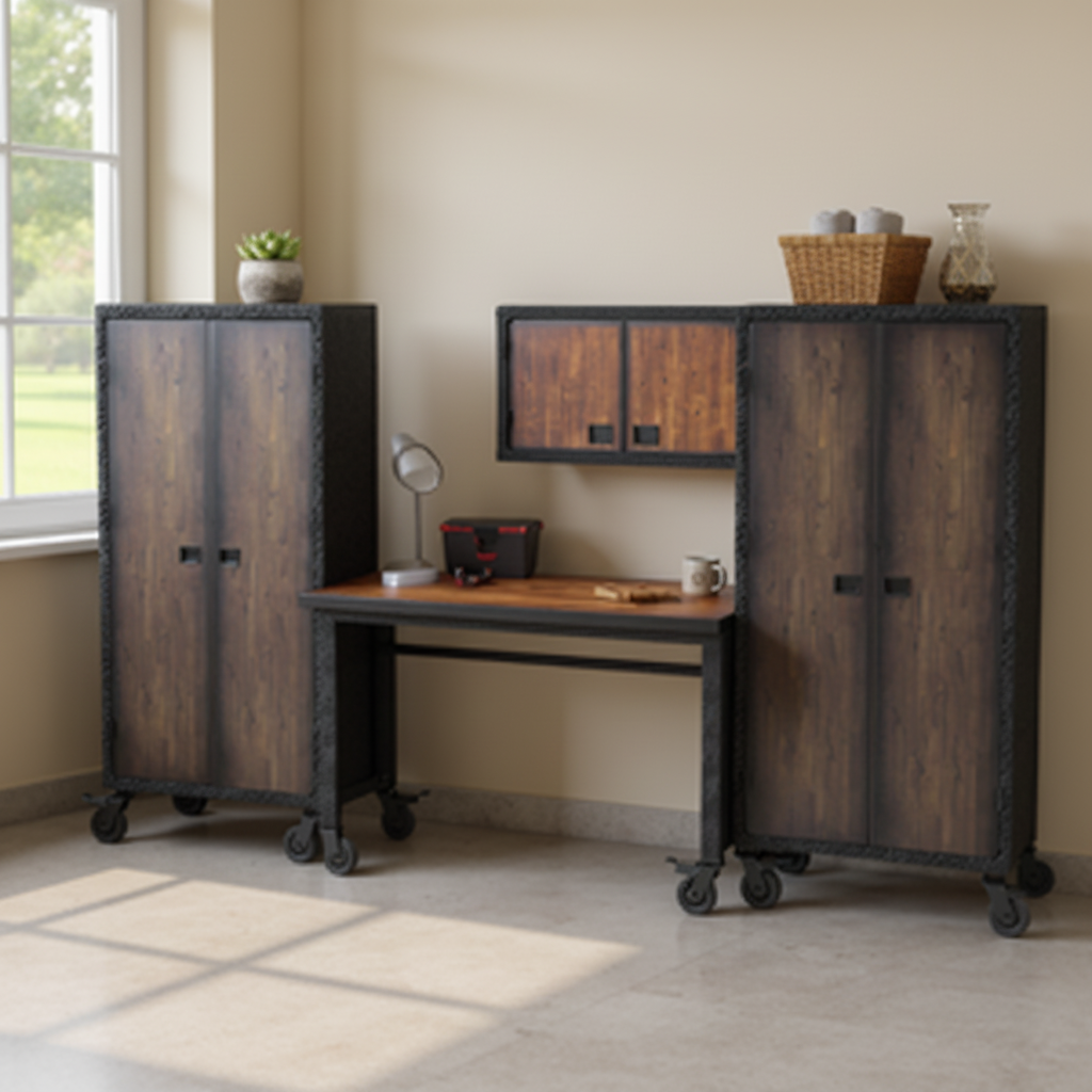 Duramax 4-Piece Garage Storage Combo Set w/ Worktable, Wall Cabinets and Free Standing Cabinet 4PWTWCFC