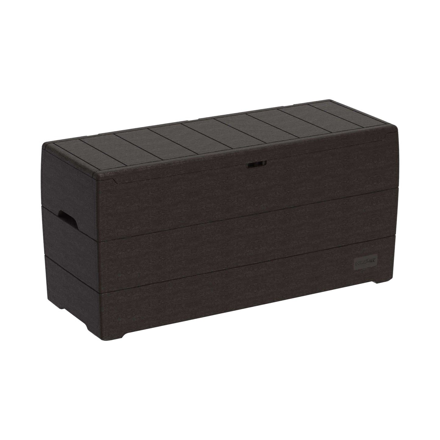 Duramax 71 Gallon Brown Deck Box for outdoor storage, stylish seating, and natural wood finish, perfect for patios. Includes glass.