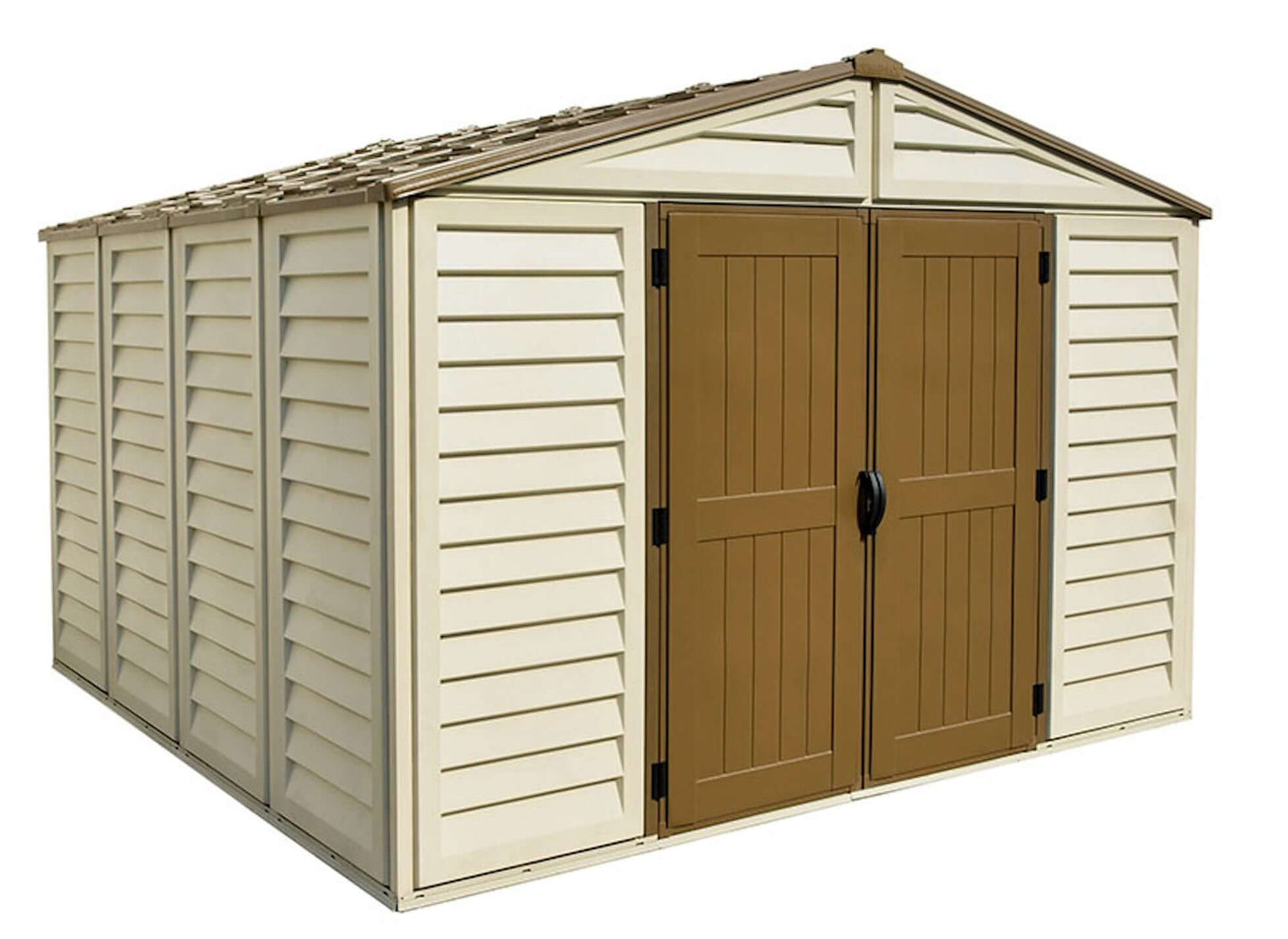 Duramax 10.5x10 Woodbridge PLUS Vinyl Shed with Foundation, featuring durable design and wide double doors for easy access.