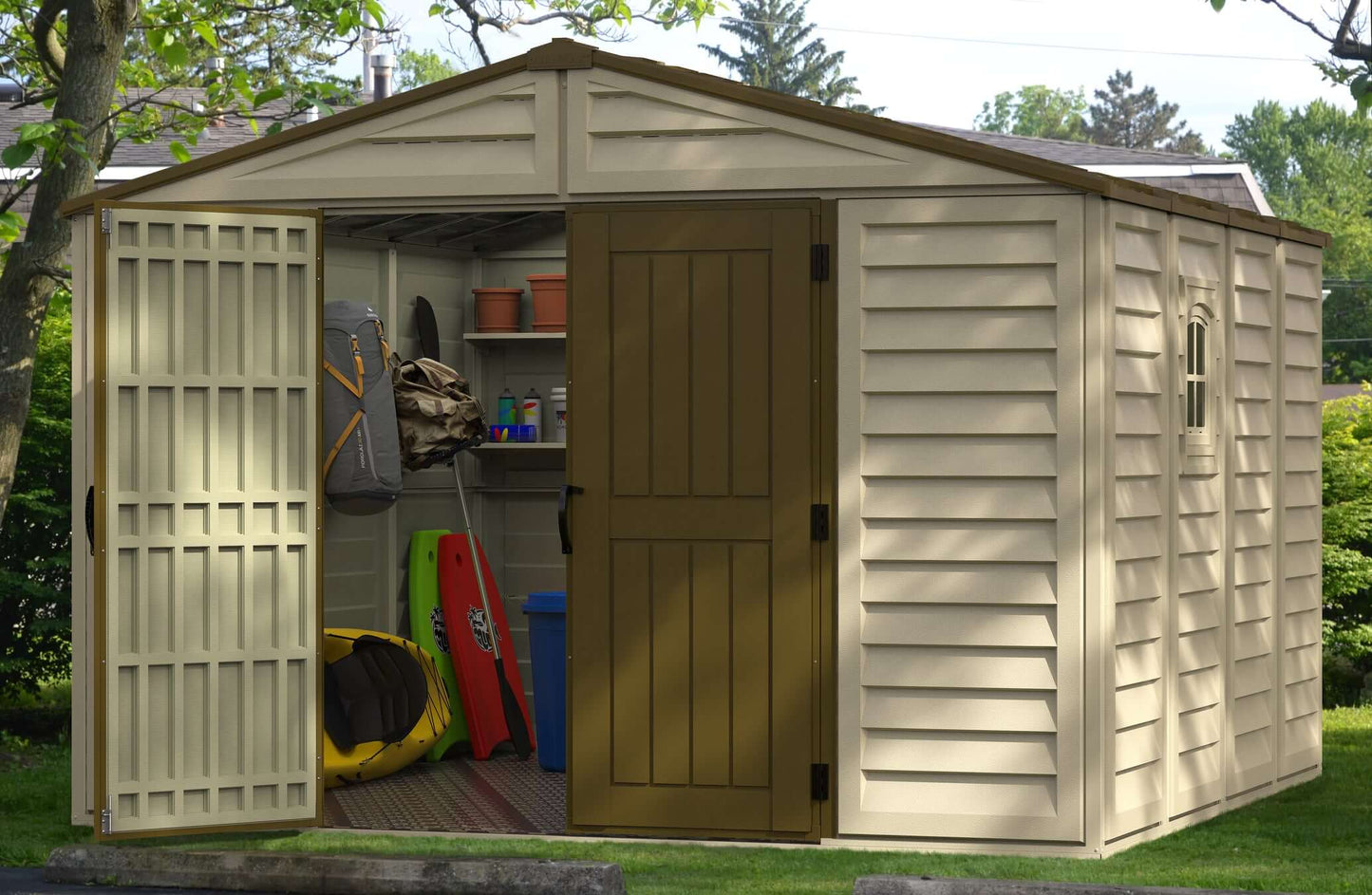 Duramax 10.5x10 Woodbridge PLUS Vinyl Shed with open doors, showcasing outdoor storage, featuring durable construction.