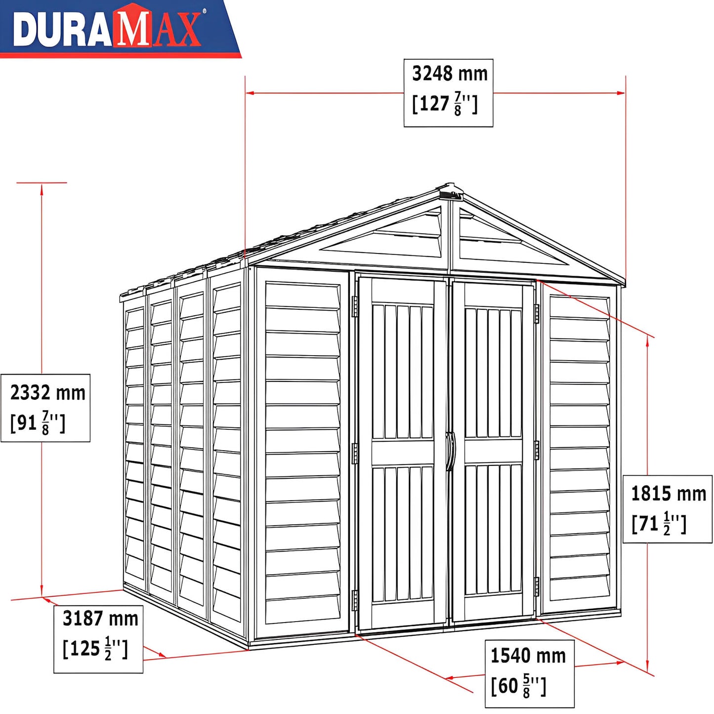 Illustration of Duramax Woodbridge PLUS Vinyl Shed with dimensions and double doors, featuring durable design for outdoor storage.