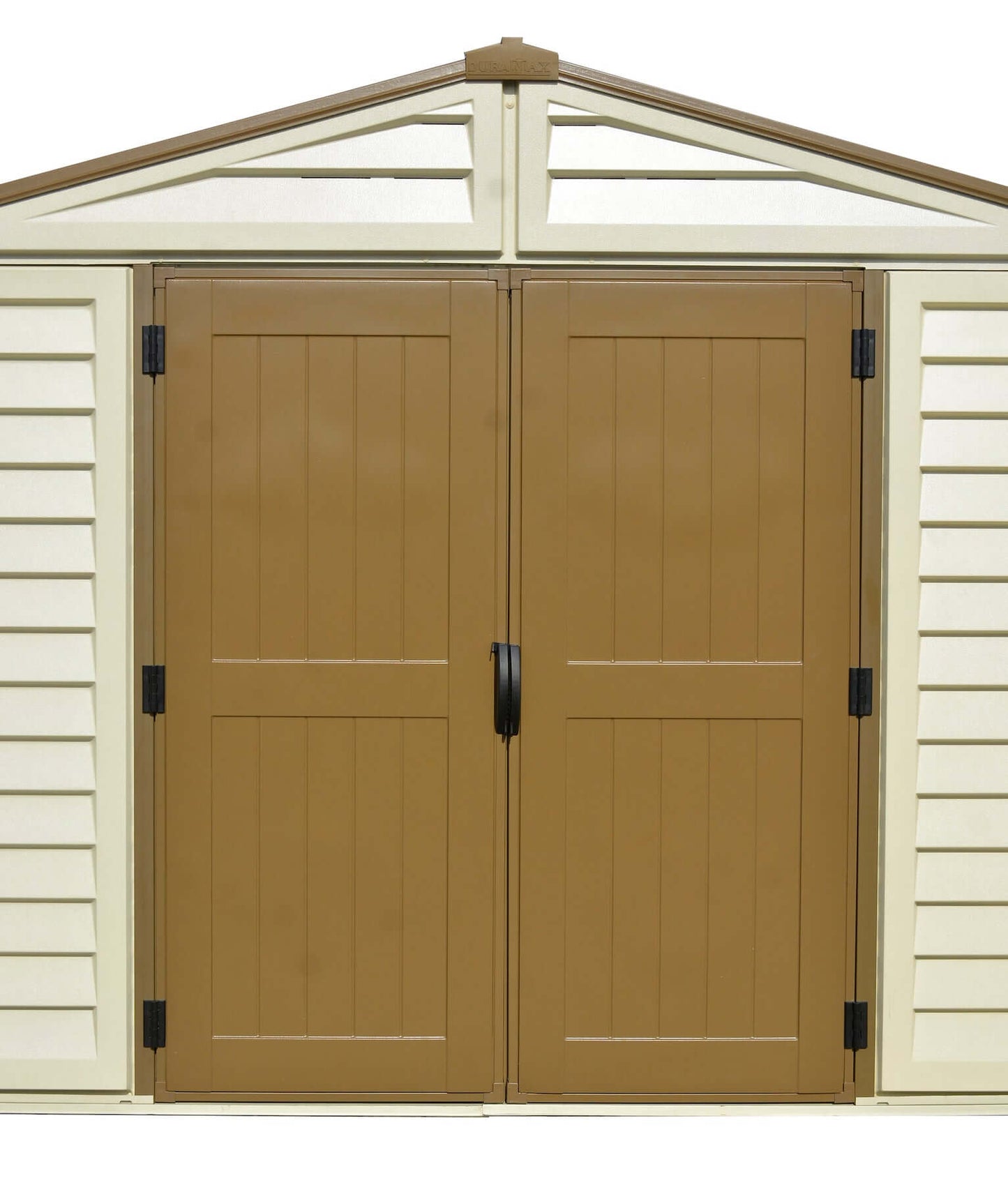 Duramax 10.5x10 Woodbridge PLUS Vinyl Shed with double doors, maintenance-free design, ideal for tool and equipment storage.