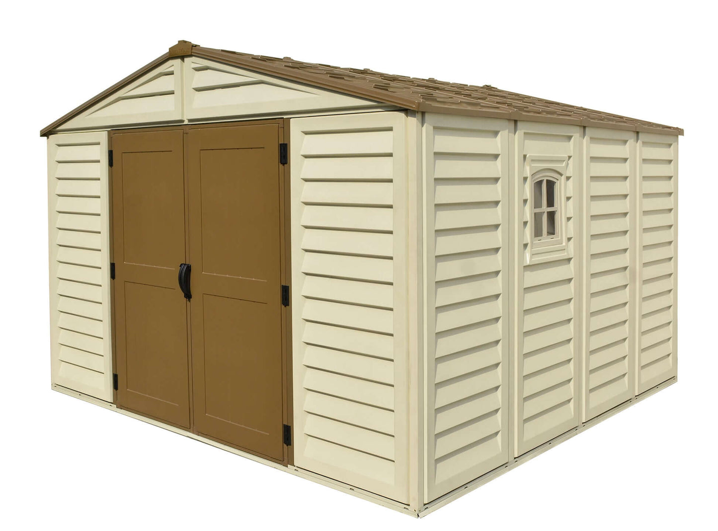 Duramax 10.5x10 Woodbridge PLUS Vinyl Shed with Foundation, featuring reinforced steel beams and wide double doors.