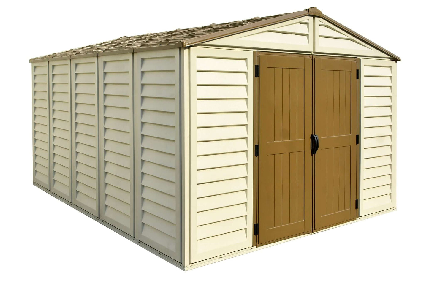Duramax 10.5x10 Woodbridge PLUS Vinyl Shed with brown doors, ideal for outdoor storage and weather-resistant, maintenance-free design.