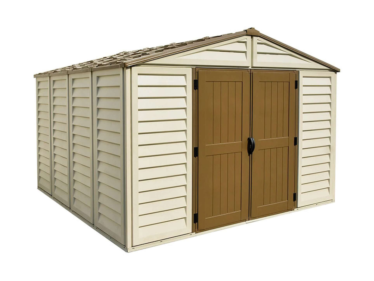 Duramax 10.5x10 Woodbridge PLUS Vinyl Shed with double doors, beige color, durable and spacious for outdoor storage.