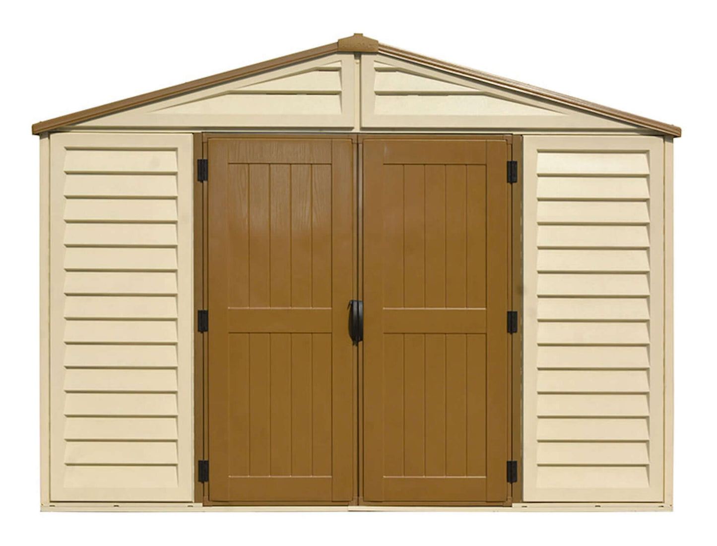 Front view of Duramax 10.5x10.5 Woodbridge PLUS Vinyl Shed with double doors, ideal for outdoor storage. Keywords: Duramax shed.