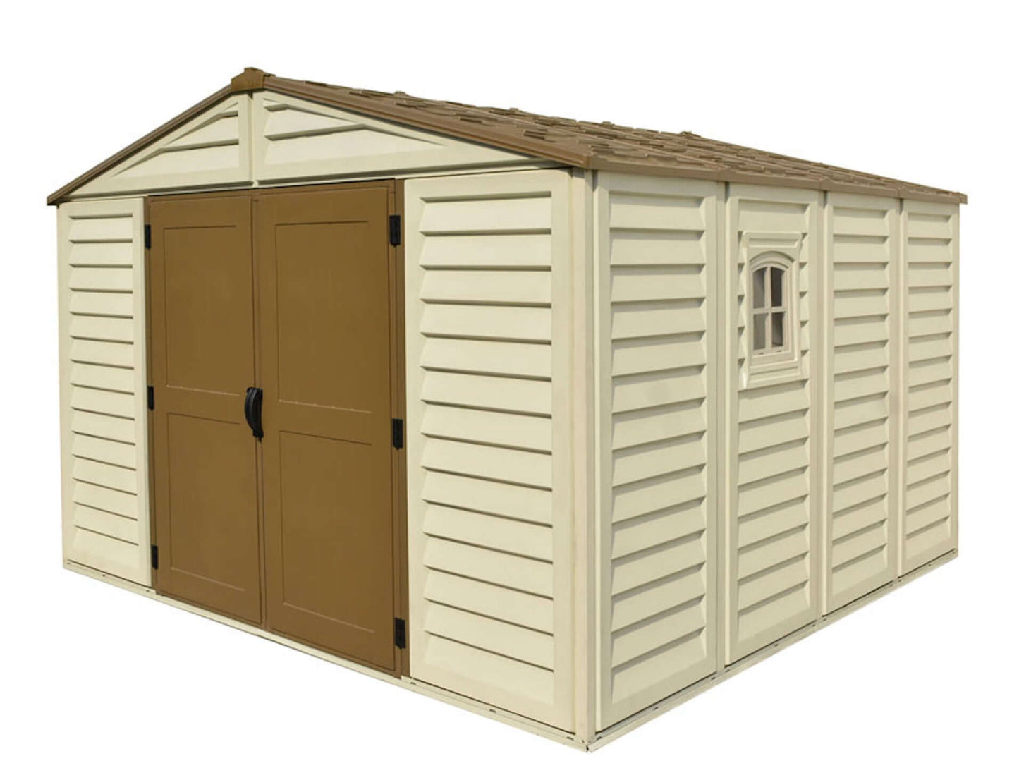 Duramax 10.5x10 Woodbridge PLUS Vinyl Shed with Foundation in beige with brown doors, ideal for weather-resistant storage. Duramax shed.