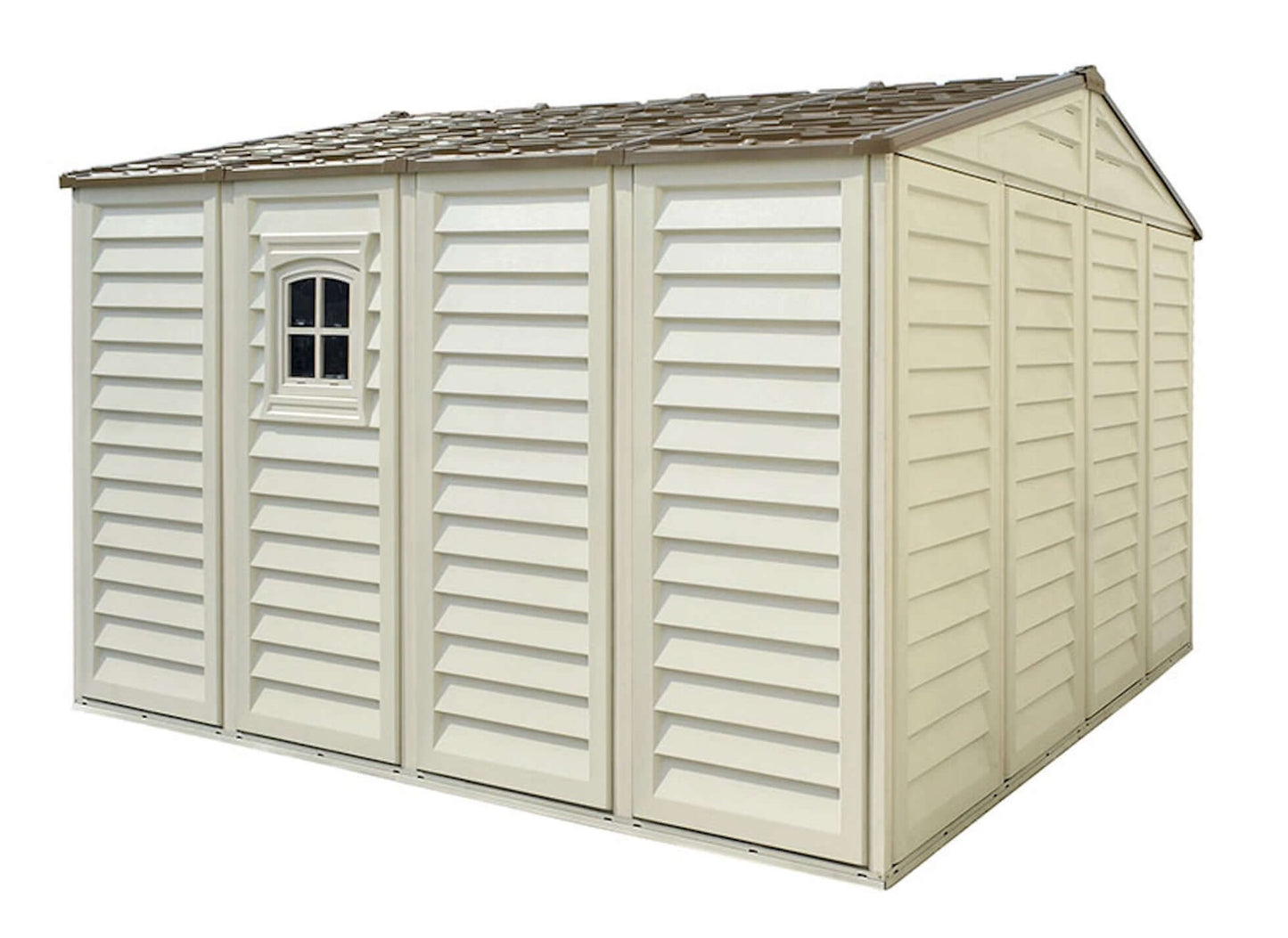 Duramax 10.5x10.5 Woodbridge PLUS vinyl shed with foundation, featuring durable build, wide doors, and window. Ideal for all-weather storage.