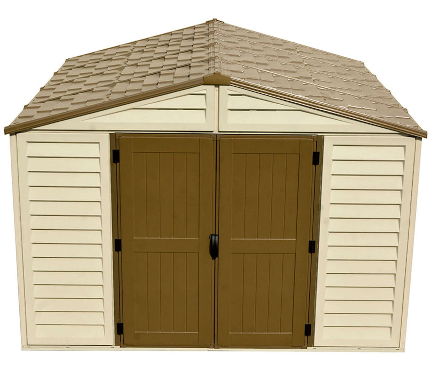 Duramax 10.5x10 Woodbridge PLUS Vinyl Shed with double doors and foundation for outdoor storage, maintenance-free.