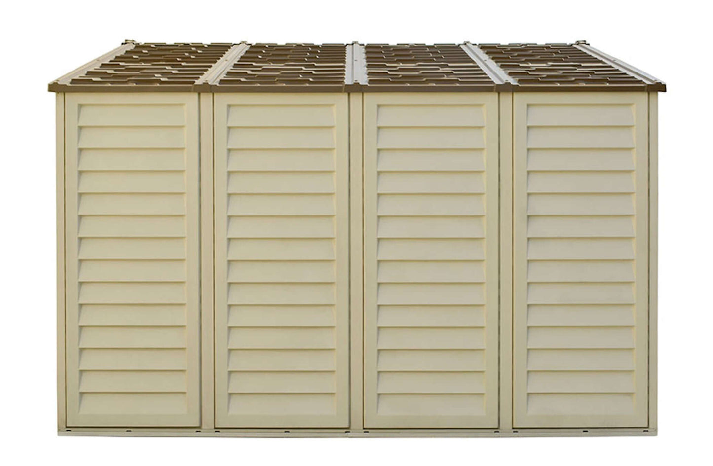 Duramax 10.5x10 Woodbridge PLUS Vinyl Shed with Foundation, durable and maintenance-free, ideal for storing tools and equipment.