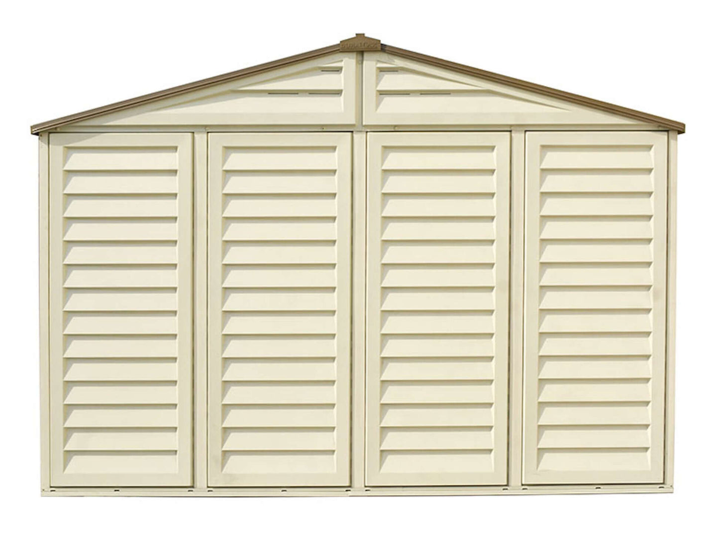 Duramax 10.5x10 Woodbridge PLUS vinyl shed with foundation, featuring double doors and durable weather-resistant panels.