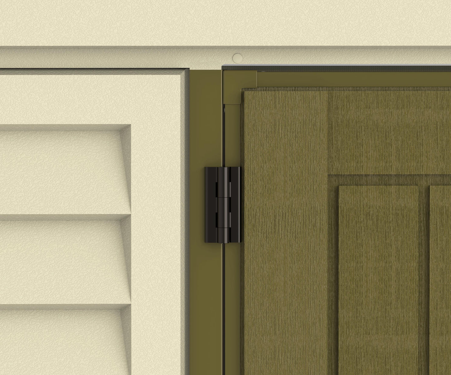 Close-up of hinge detail on Duramax Woodbridge PLUS Vinyl Shed.
