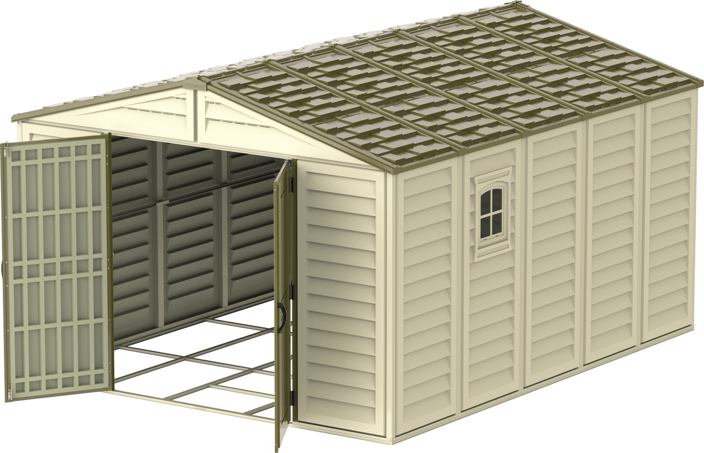 Duramax 10.5x13 WoodBridge PLUS Vinyl Shed with open doors and foundation, ideal for large storage solutions.