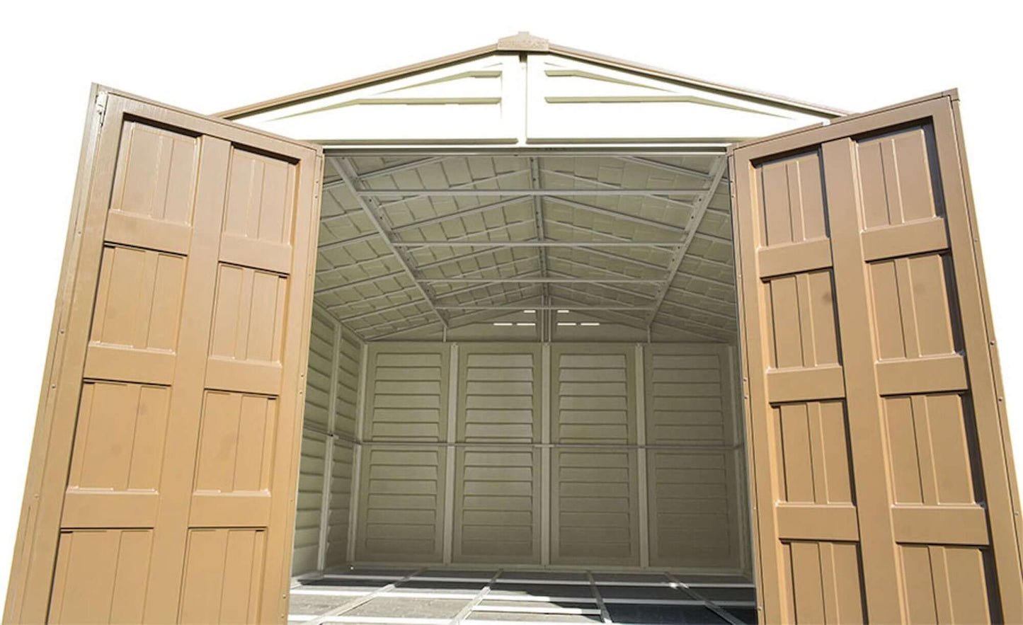 Open Duramax 10.5x13 Woodbridge PLUS Vinyl Shed showing spacious interior and sturdy vinyl construction.