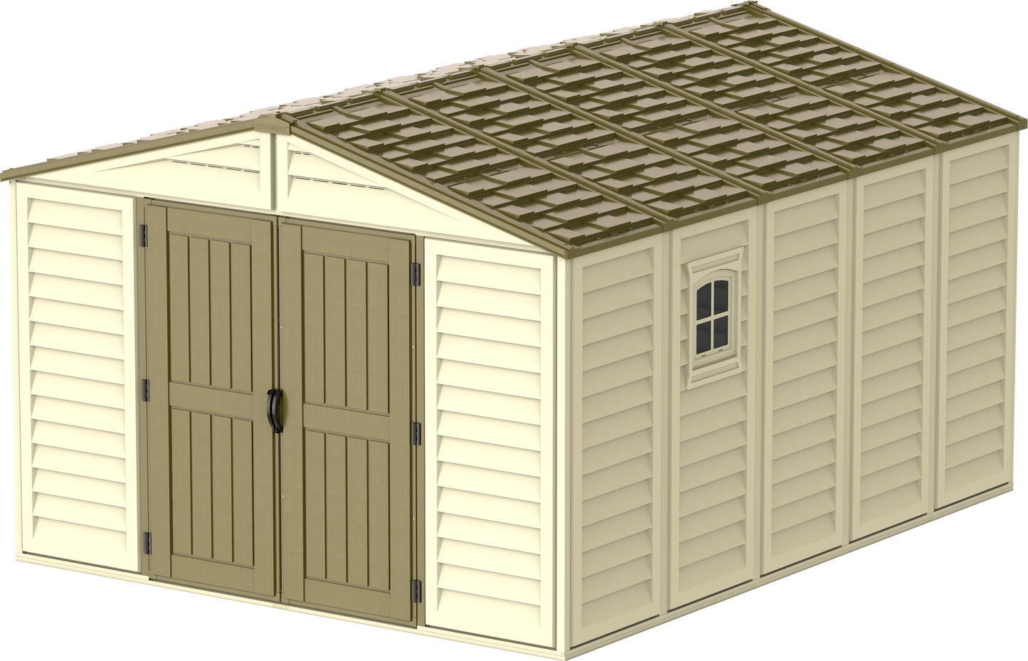 Duramax Woodbridge PLUS Vinyl Shed 10.5x13 with foundation, featuring durable maintenance-free vinyl construction.