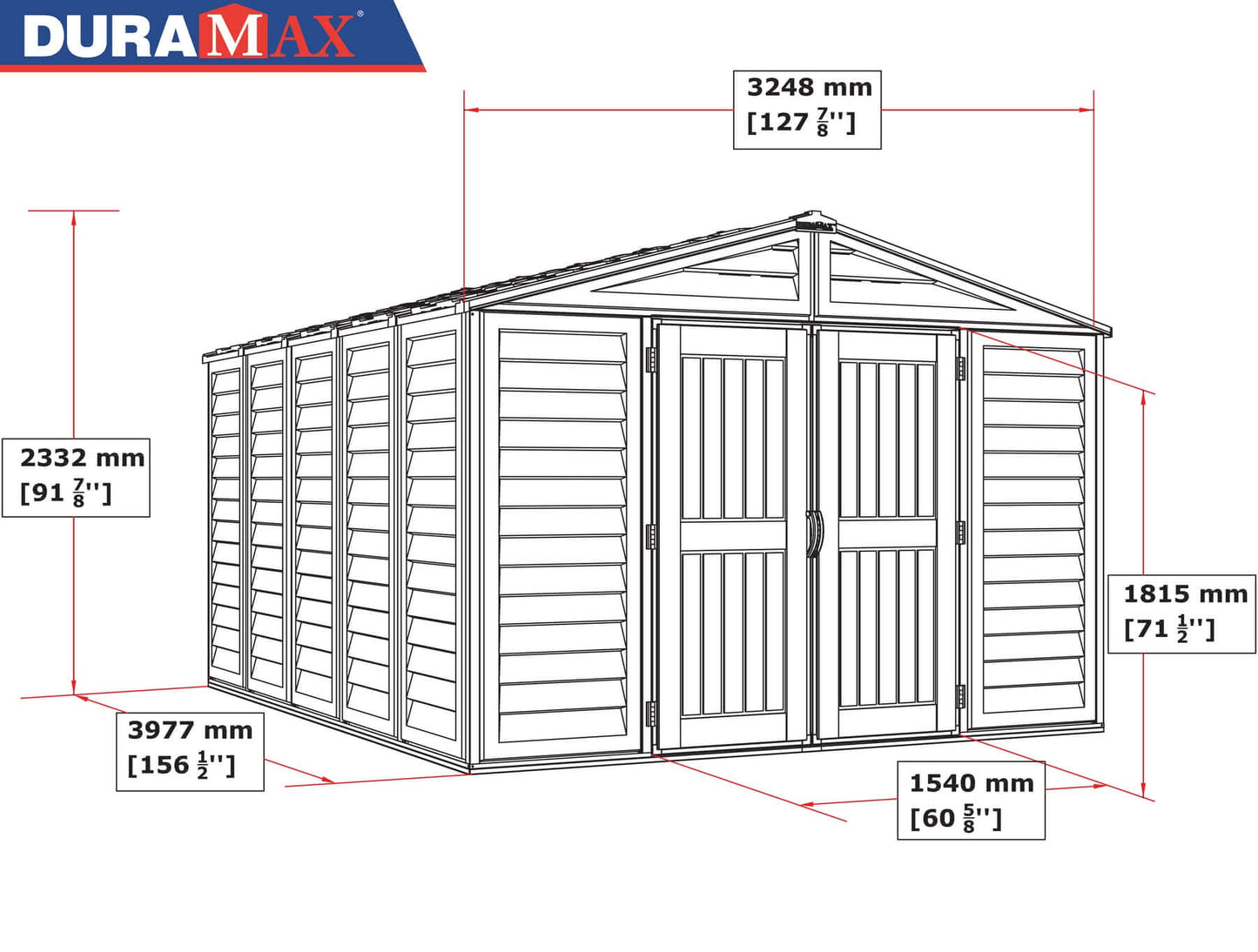 Diagram of Duramax 10.5x13 Woodbridge PLUS Vinyl Shed with dimensions, showcasing spacious and maintenance-free storage solution.