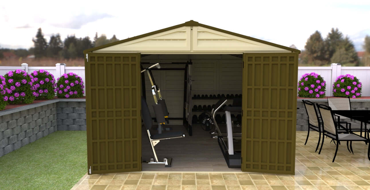 Duramax 10.5x13 Woodbridge PLUS Vinyl Shed used as home gym, highlighting versatility and spacious interior. Maintenance-free design.