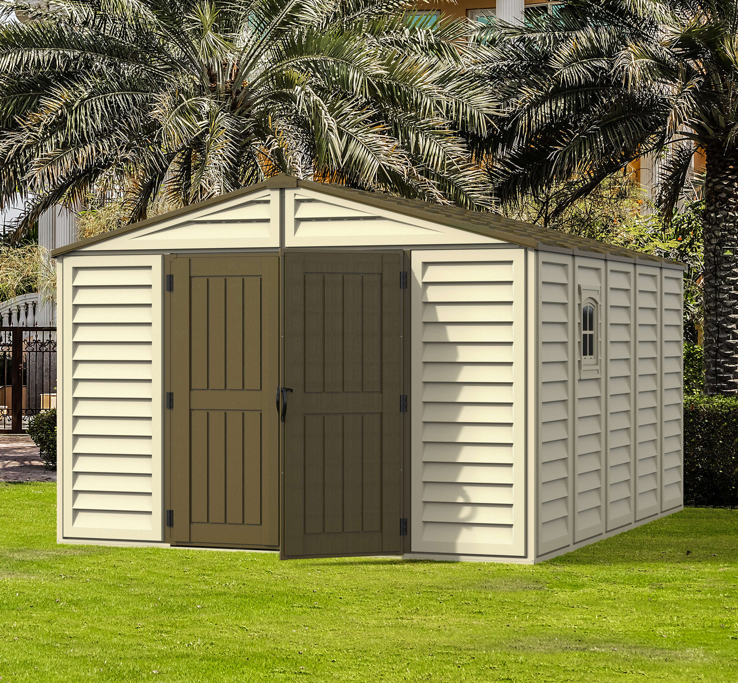 Duramax 10.5x13 Woodbridge PLUS Vinyl Shed 40234 with foundation, maintenance-free storage solution with walk-in design.