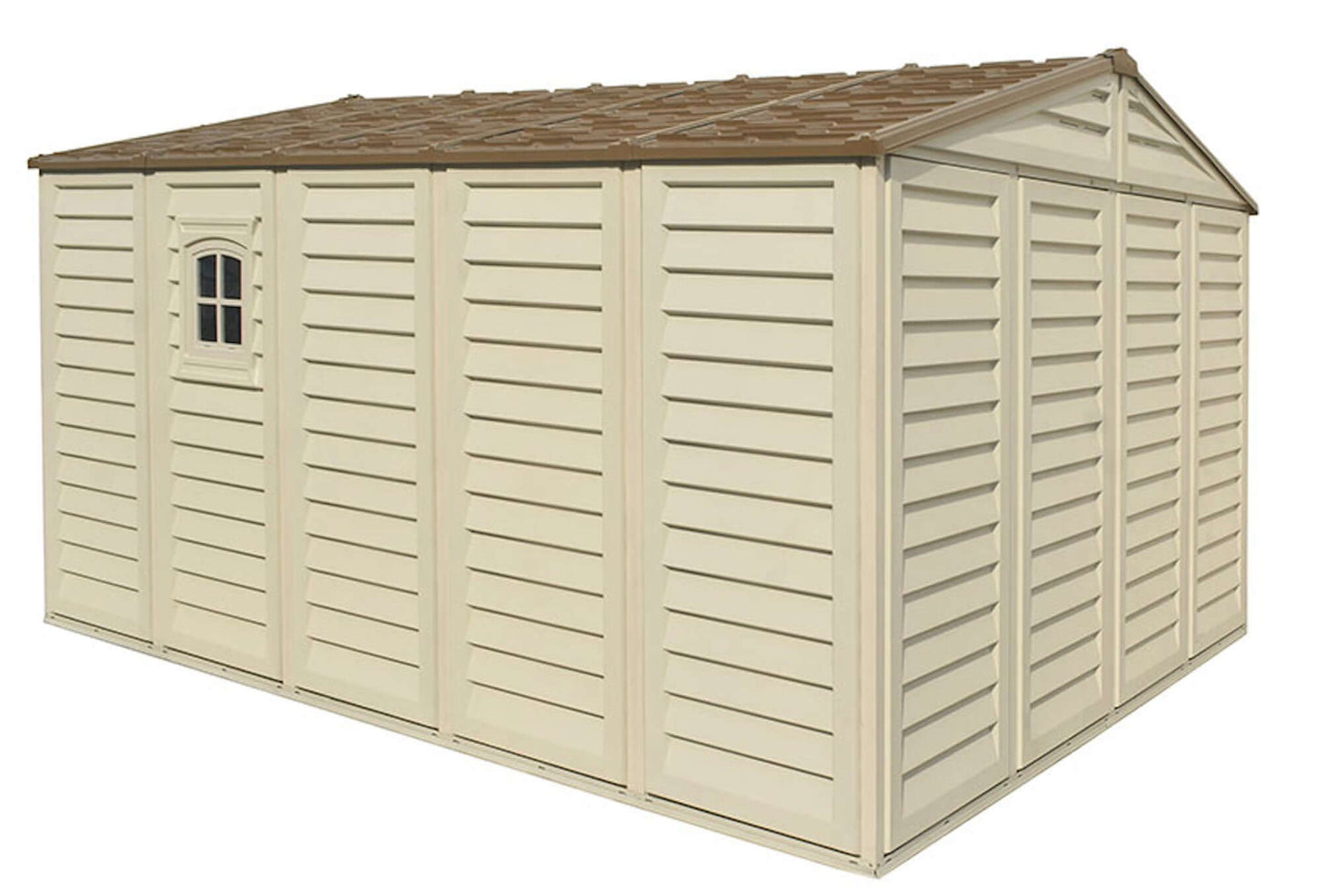 Duramax 10.5x13 Woodbridge PLUS Vinyl Shed with Foundation, sturdy maintenance-free design for spacious storage