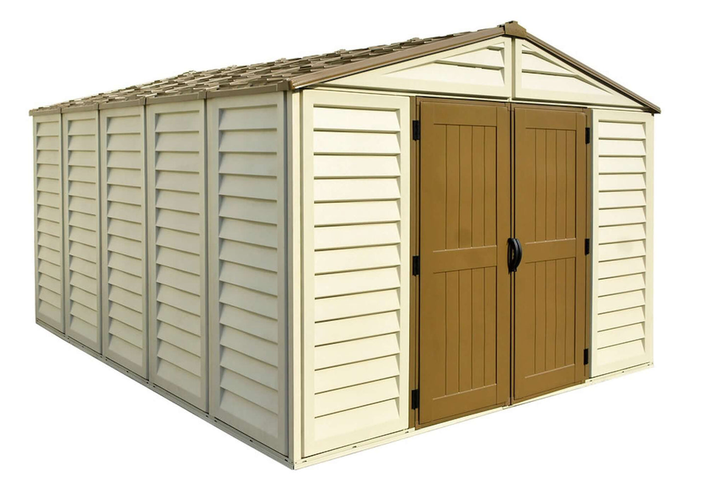 Duramax 10.5x13 Woodbridge PLUS Vinyl Shed with Foundation, featuring maintenance-free, durable construction.