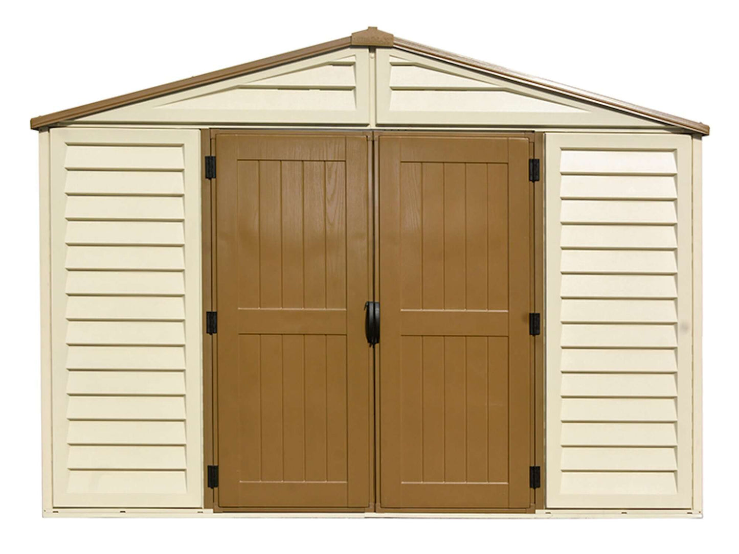 Duramax 10.5x13 Woodbridge PLUS Vinyl Shed with foundation, front view showing double doors, ideal for spacious storage.