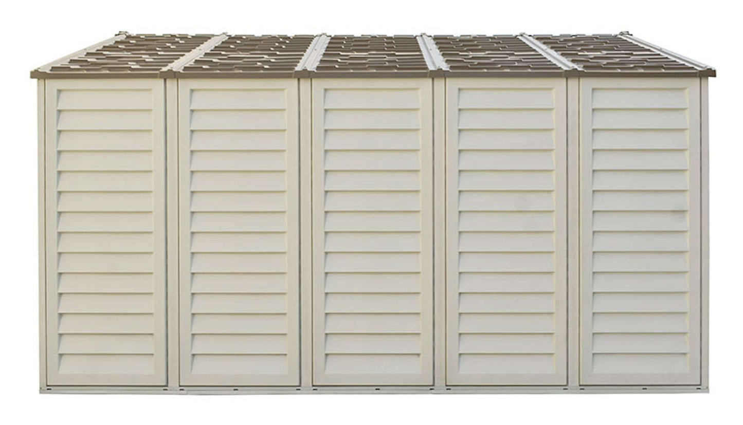 Duramax 10.5x13 Woodbridge PLUS Vinyl Shed with maintenance-free design and foundation, ideal for large storage needs.