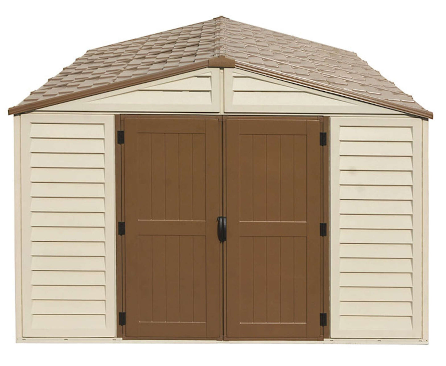 Duramax 10.5x13 Woodbridge PLUS Vinyl Shed with double doors, durable maintenance-free design, ideal storage solution.