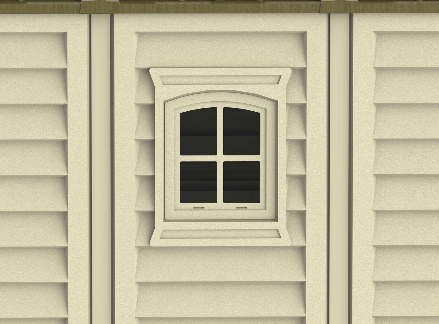 Detail of Duramax Woodbridge PLUS shed window in vinyl siding.