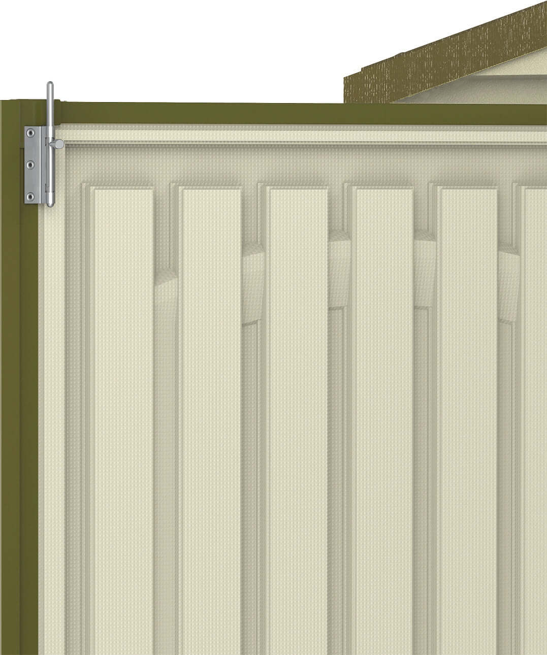 Detail view of Duramax 10.5x13 Woodbridge PLUS Vinyl Shed, showcasing durable vinyl construction and maintenance-free design.