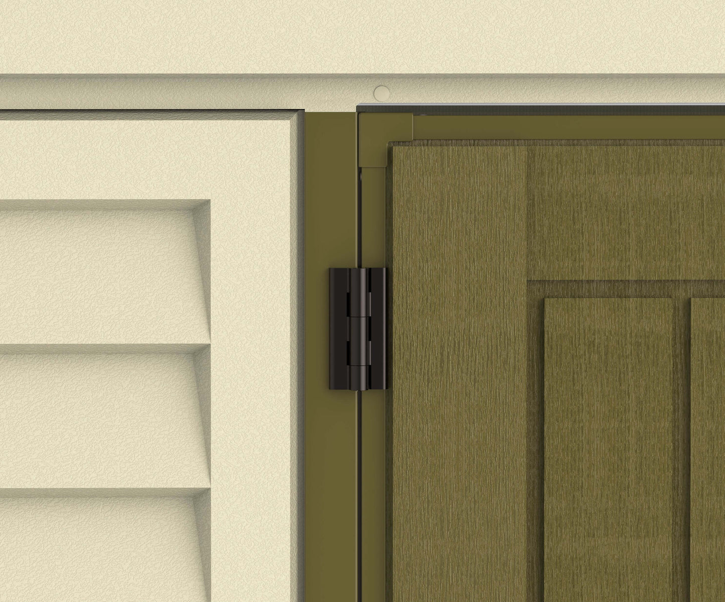 Close-up of Duramax 10.5x13 Woodbridge PLUS Vinyl Shed door hinge detail.