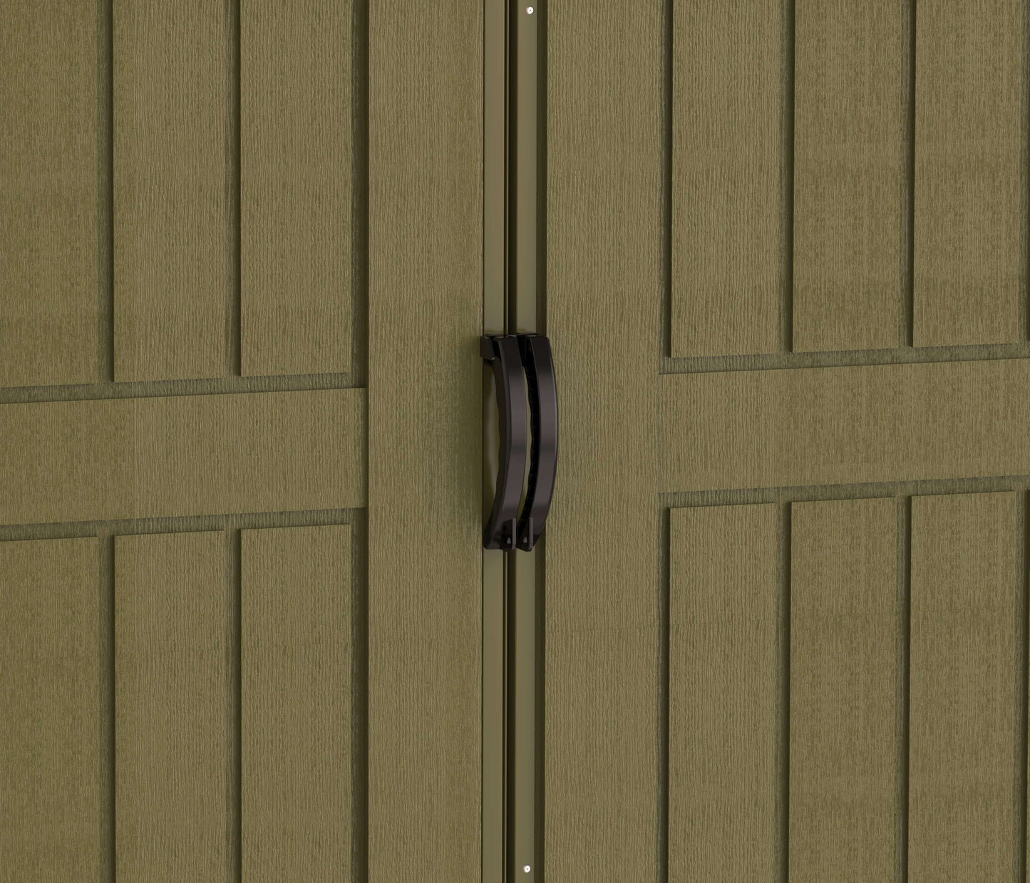Close-up of Duramax Woodbridge PLUS Vinyl Shed door with handle, showcasing durable vinyl construction and design details.