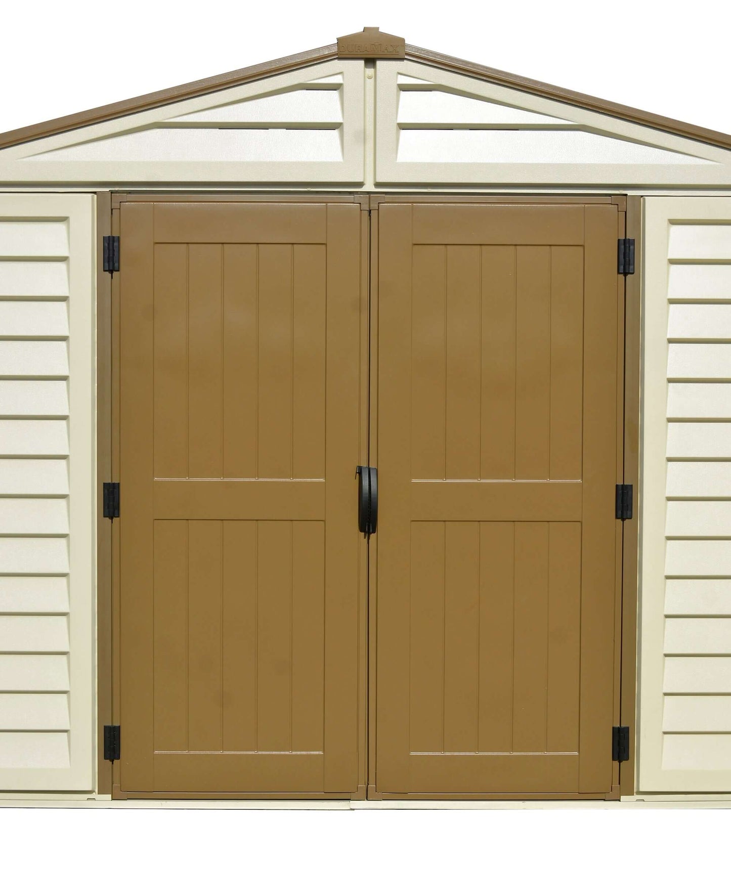 Front view of Duramax 10.5x13 Woodbridge PLUS Vinyl Shed with brown double doors and sloped roof.