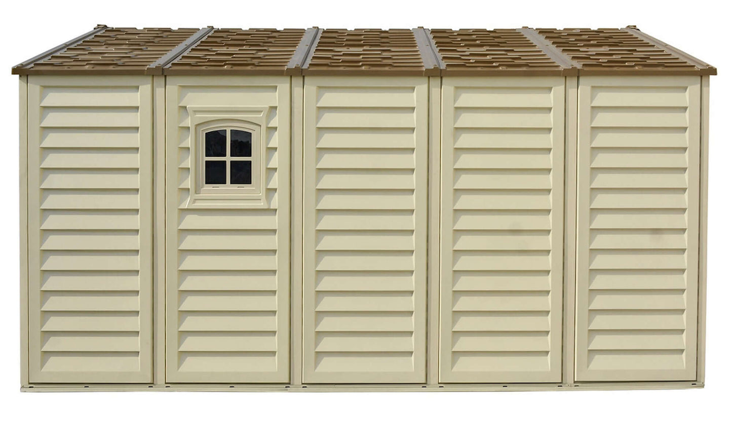 Duramax 10.5x13 Woodbridge PLUS Vinyl Shed with foundation, maintenance-free storage solution for various storage needs.
