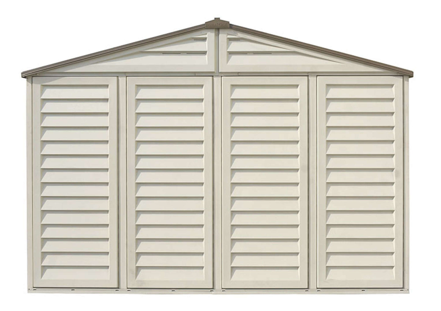 Front view of Duramax 10.5x13 Woodbridge Vinyl Shed with maintenance-free design, ideal for long-term storage - Duramax Sheds.