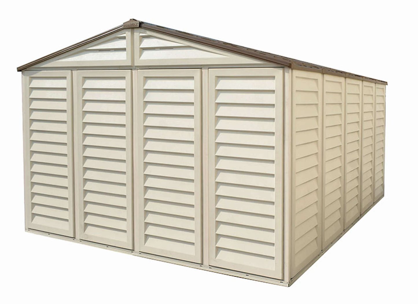 Duramax 10.5x13 Woodbridge PLUS vinyl shed with foundation, durable and maintenance-free, ideal for large storage needs.