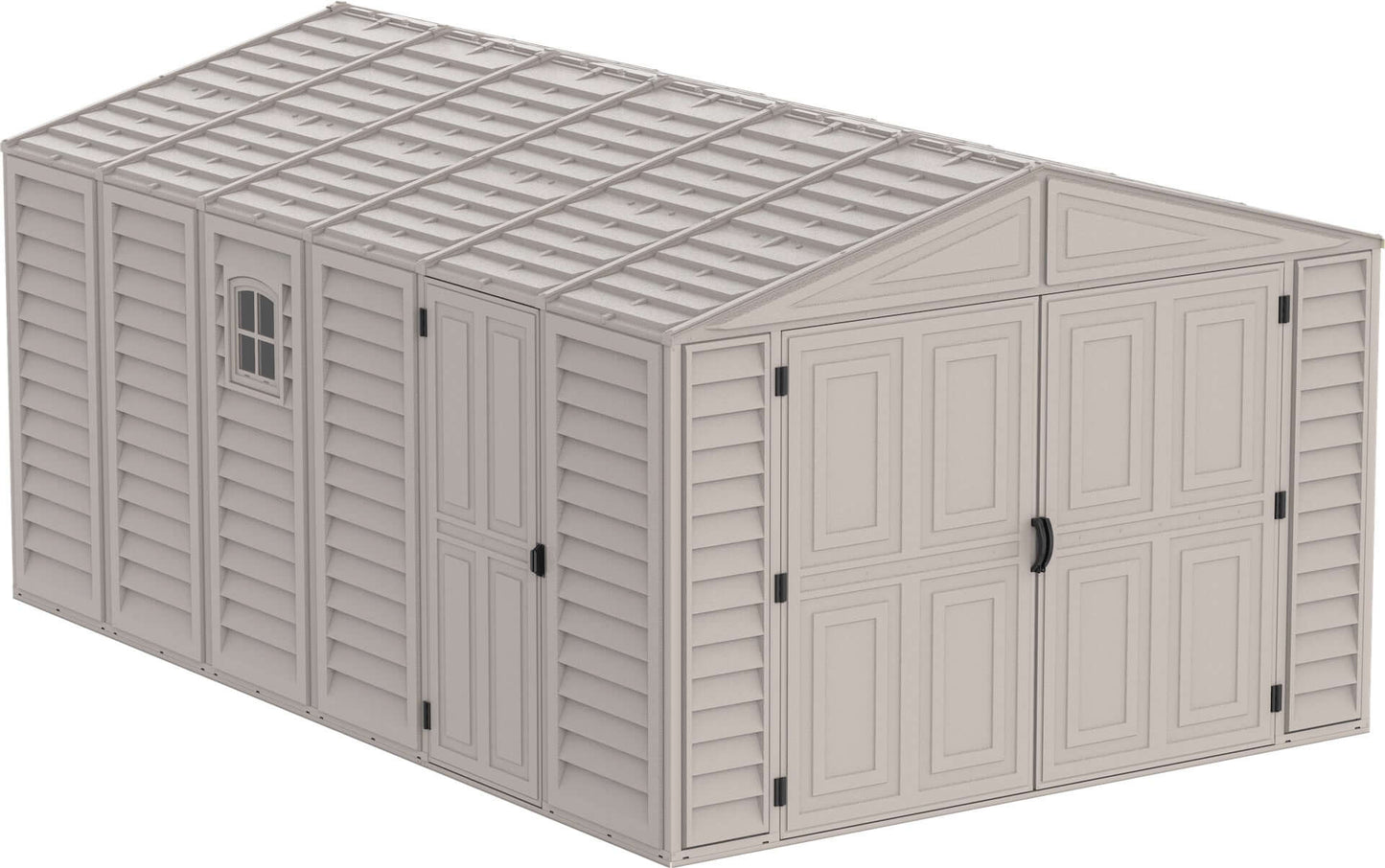 Duramax 10.5x15 Vinyl Garage with Foundation - large, durable, rust-resistant shed ideal for storing tractors and large items.