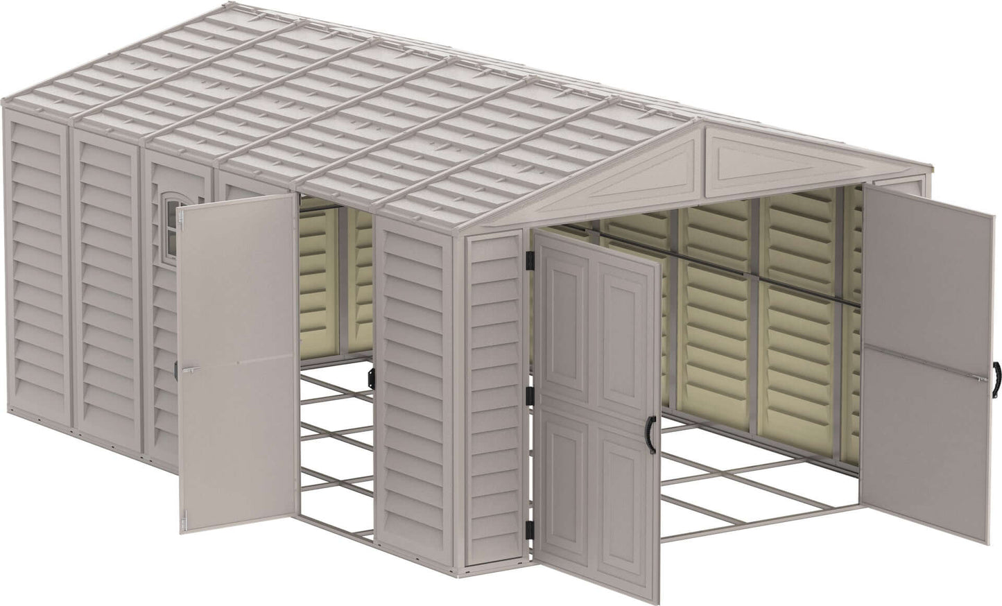 Duramax 10.5x15 vinyl garage with open doors, showcasing spacious interior and robust design for large item storage