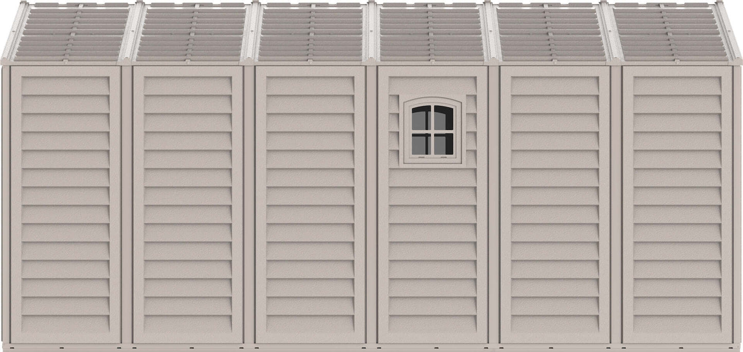 Duramax 10.5x15.5 vinyl garage, large durable storage shed, ideal for tractors, rust-resistant and maintenance-free design.