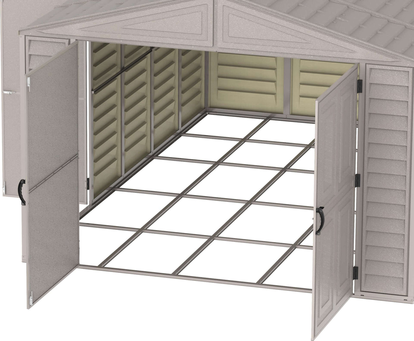 Duramax 10.5x15 vinyl garage with open doors showing interior and foundation, ideal for large item storage.