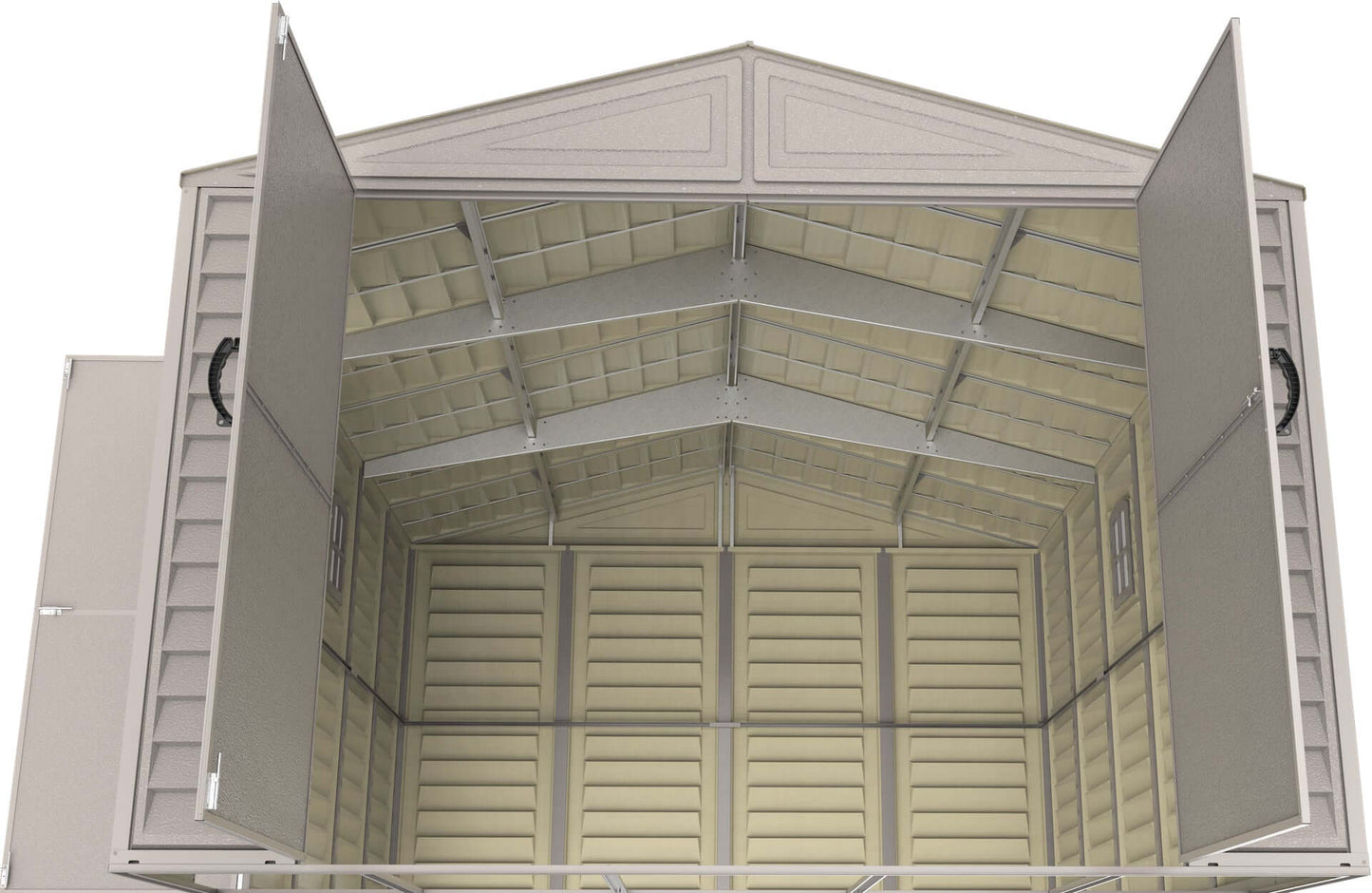 Duramax 10.5x15 vinyl garage interior view showing spacious large vinyl shed design for tractors or storage, rust-resistant structure.
