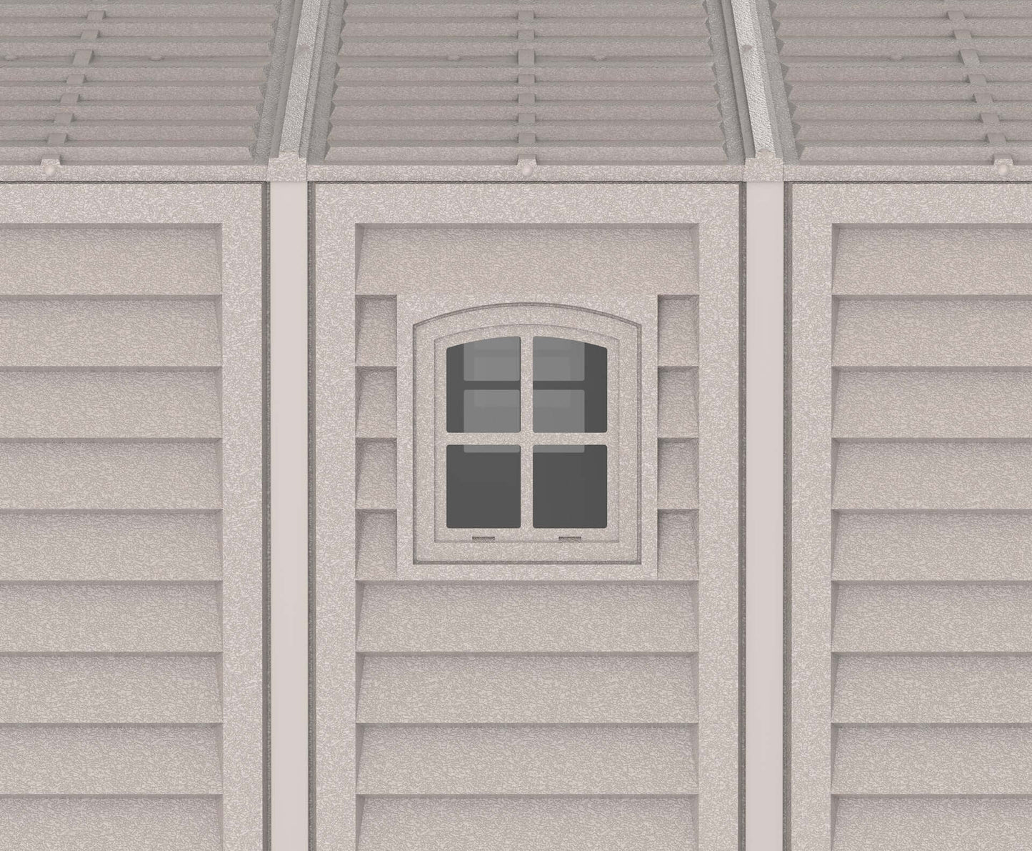 Close-up of a gray vinyl garage wall with a small window, showcasing the durable design of the Duramax vinyl garage.