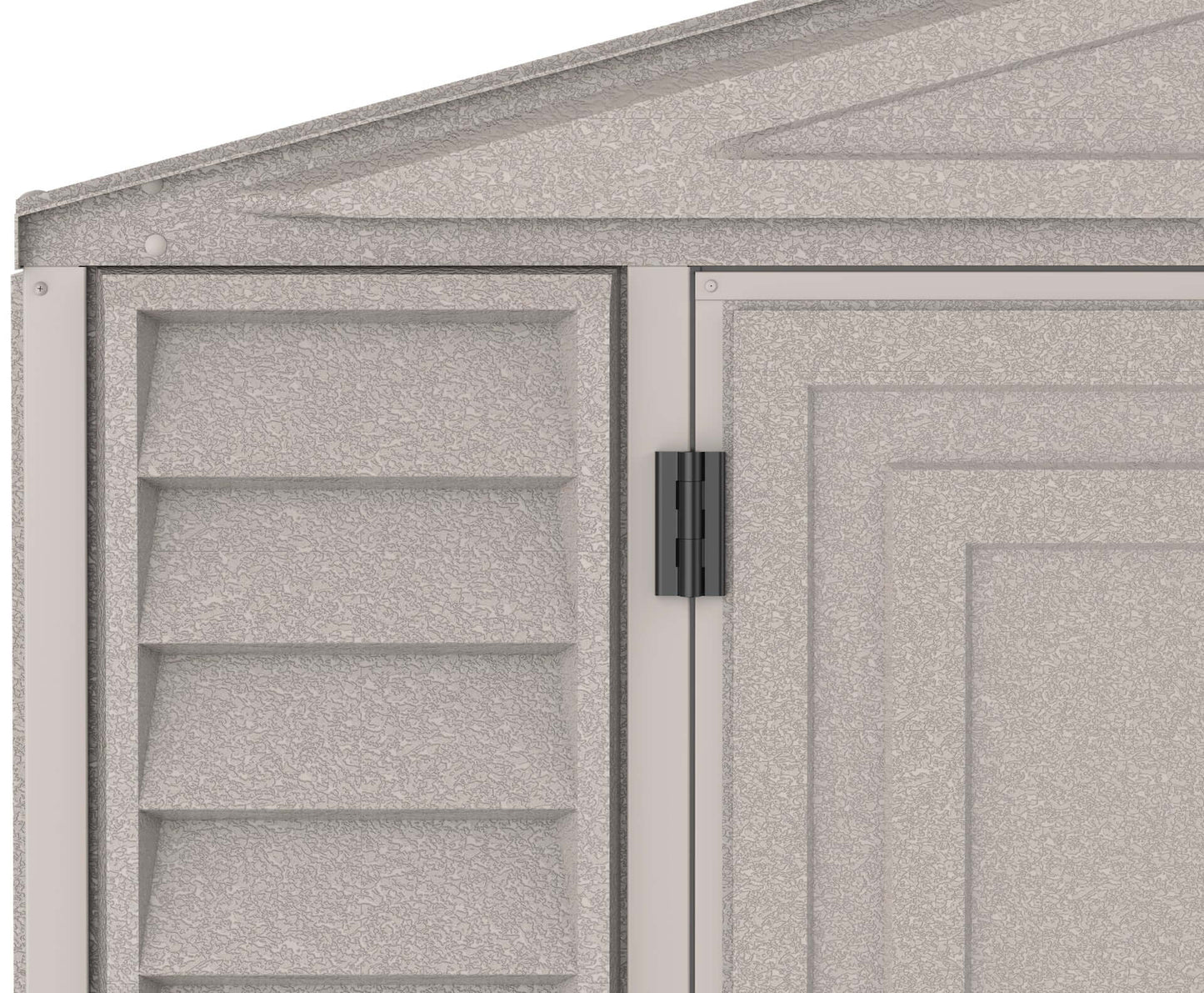 Close-up of Duramax vinyl garage corner showing texture and door hinge detail.