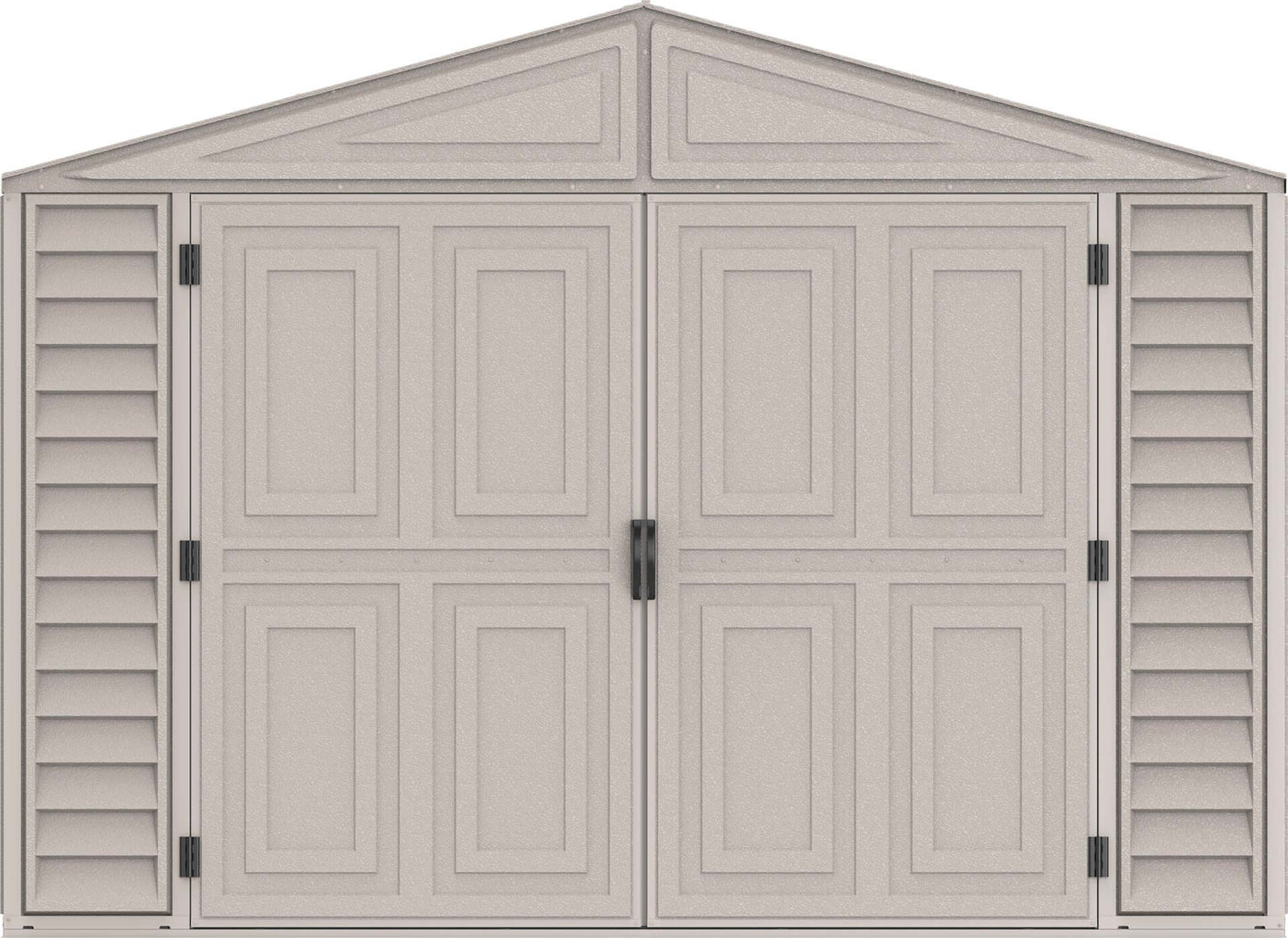 Duramax 10.5x15 vinyl garage with foundation, ideal for storing large items, featuring strong and durable construction.