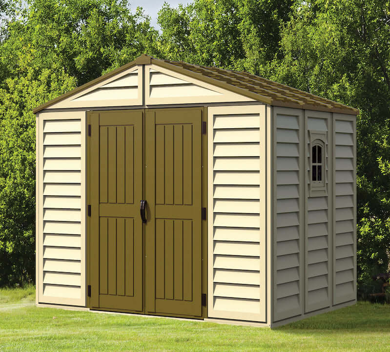 Duramax 10.5x8 Woodbridge PLUS vinyl shed with foundation, featuring durable fire-retardant material. No painting needed.