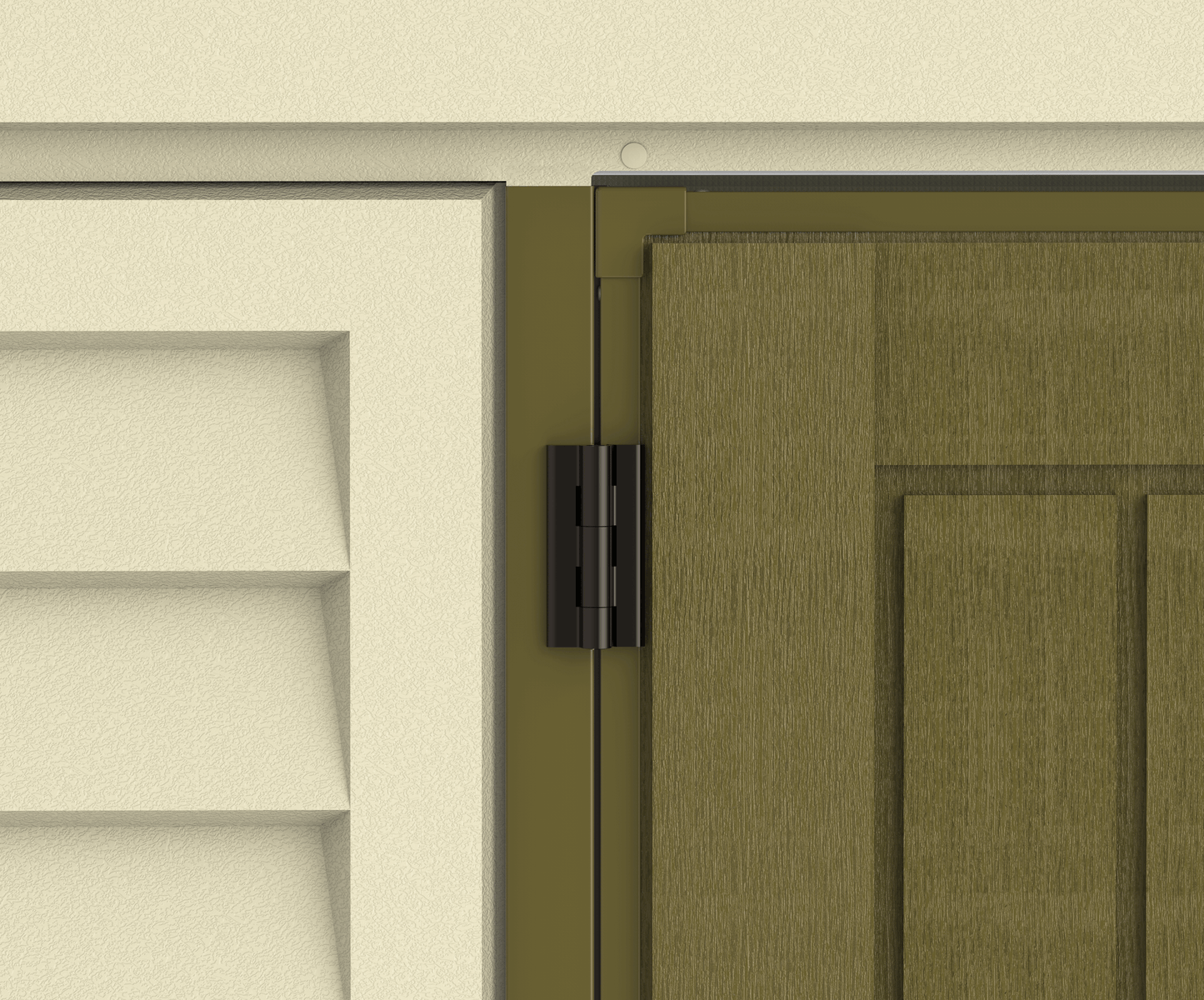 Close-up of hinge detail on Duramax Woodbridge PLUS Vinyl Shed, showcasing durable construction.
